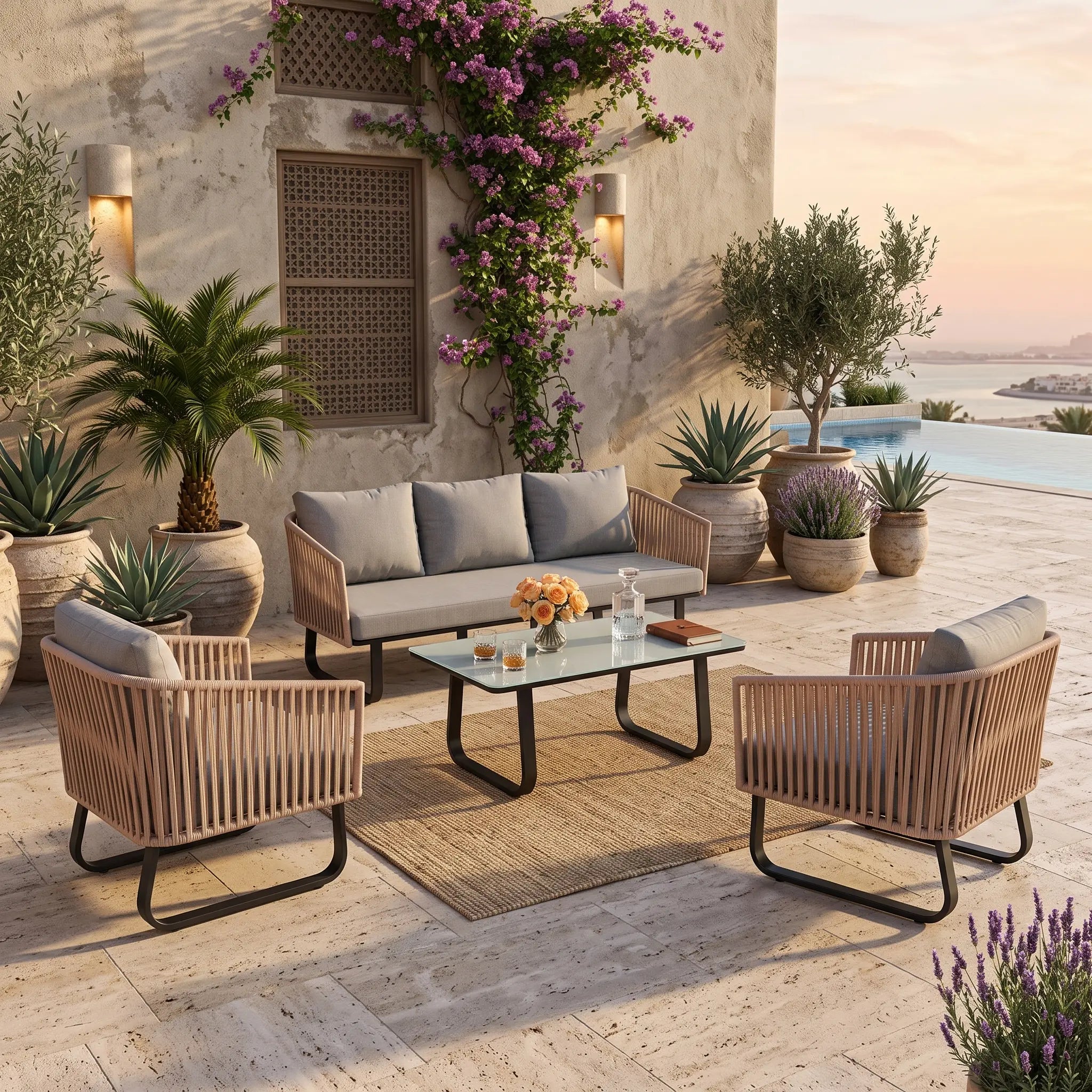5-Seater Aluminium Woven Rope Outdoor Sofa Set with Coffee Table