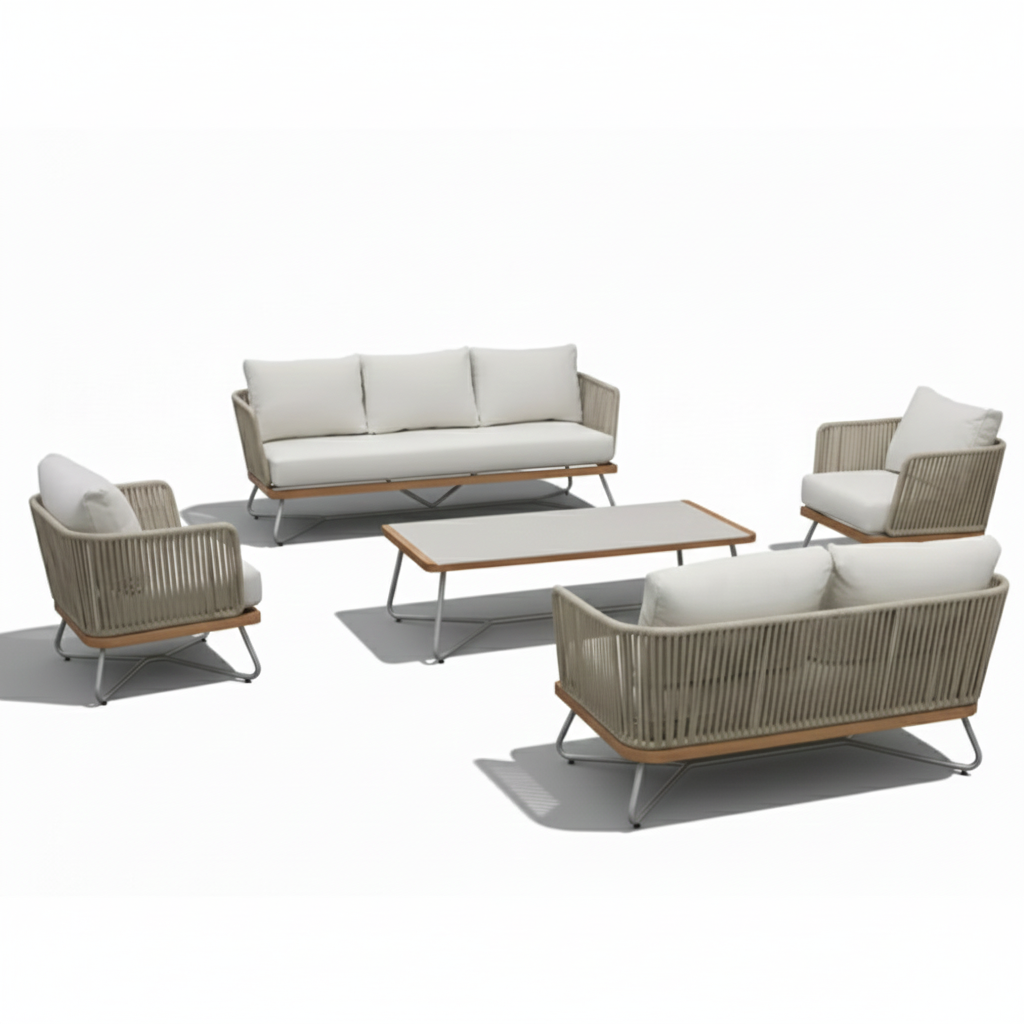 7-seater aluminum outdoor lounge set by Casa Fiora, featuring cushioned seating and a modern design in a garden setting.