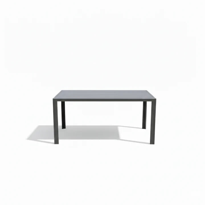 7-seater aluminium outdoor sofa and dining set with white frame, grey cushions, and slatted table from The Outdoor Furniture Market