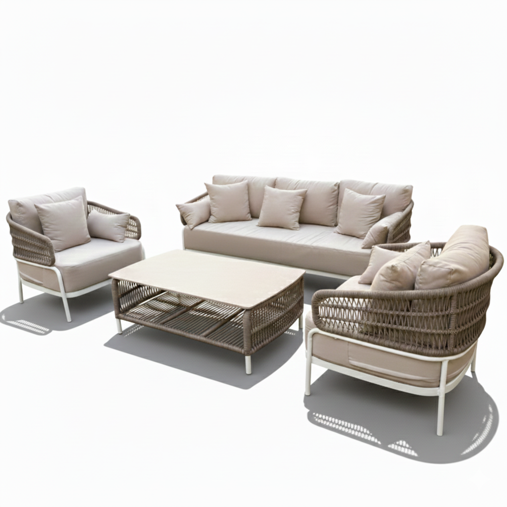 Casa Fiora outdoor 5-seater patio sofa set with white frame and soft cushions, perfect for outdoor relaxation and entertaining.