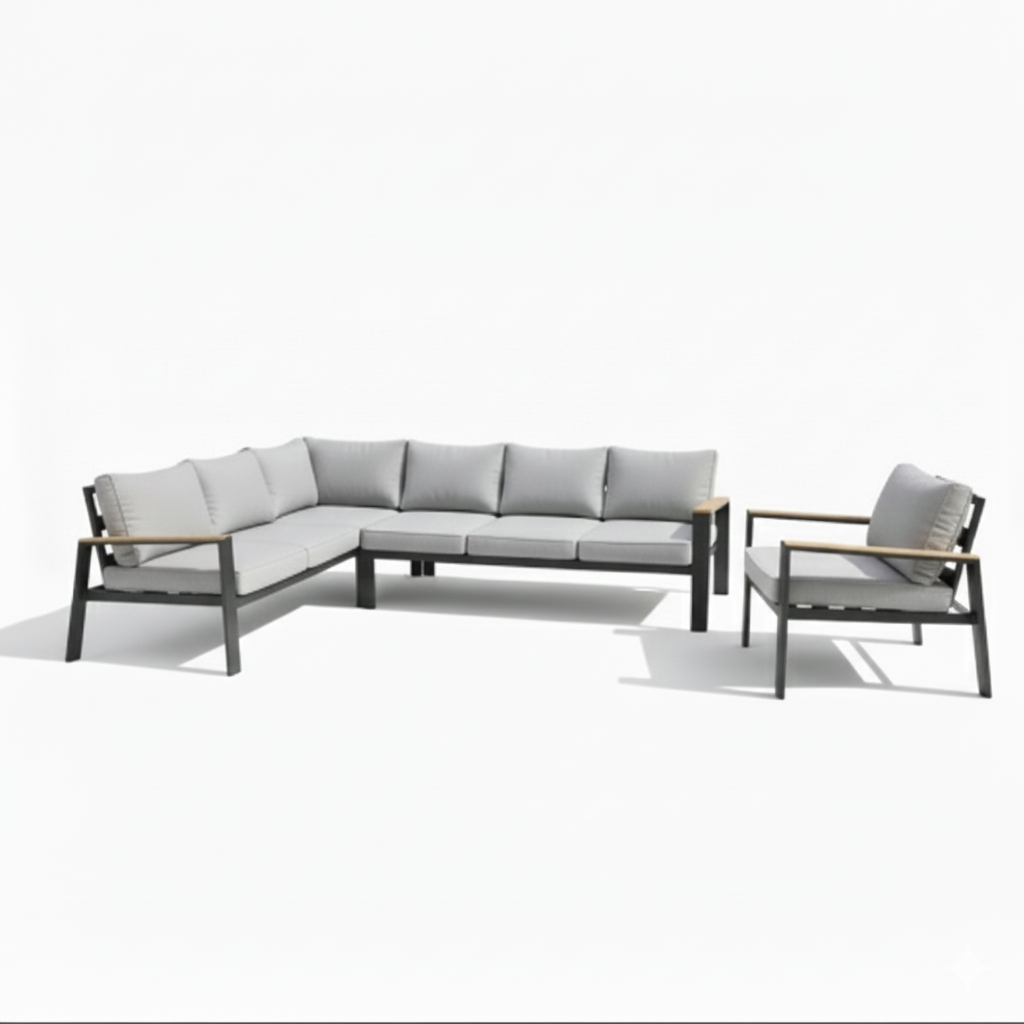 Modern L-Shape Outdoor Sofa Set – Aluminum Frame with Weather-Resistant Cushions &amp; Slatted Dining Table