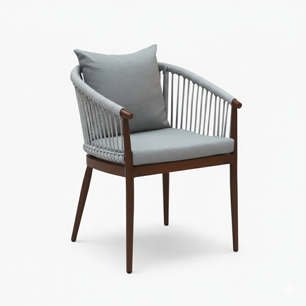 Casa Fiora outdoor aluminum chair with gray cushion and wooden frame, perfect for patio or garden seating.