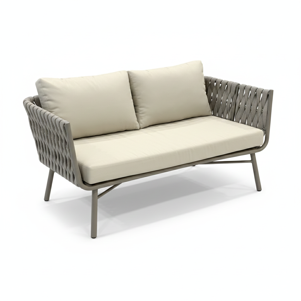 Casa Fiora 2-seater sofa with woven rope design and durable aluminum frame, ideal for stylish outdoor or indoor seating.