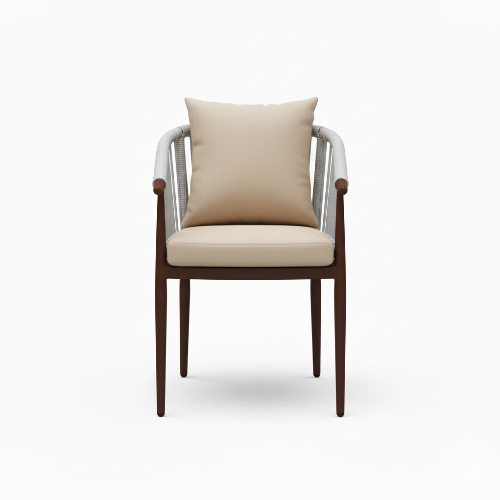 Casa Fiora outdoor aluminum chair with beige cushion and wooden color frame, perfect for patio or garden seating.