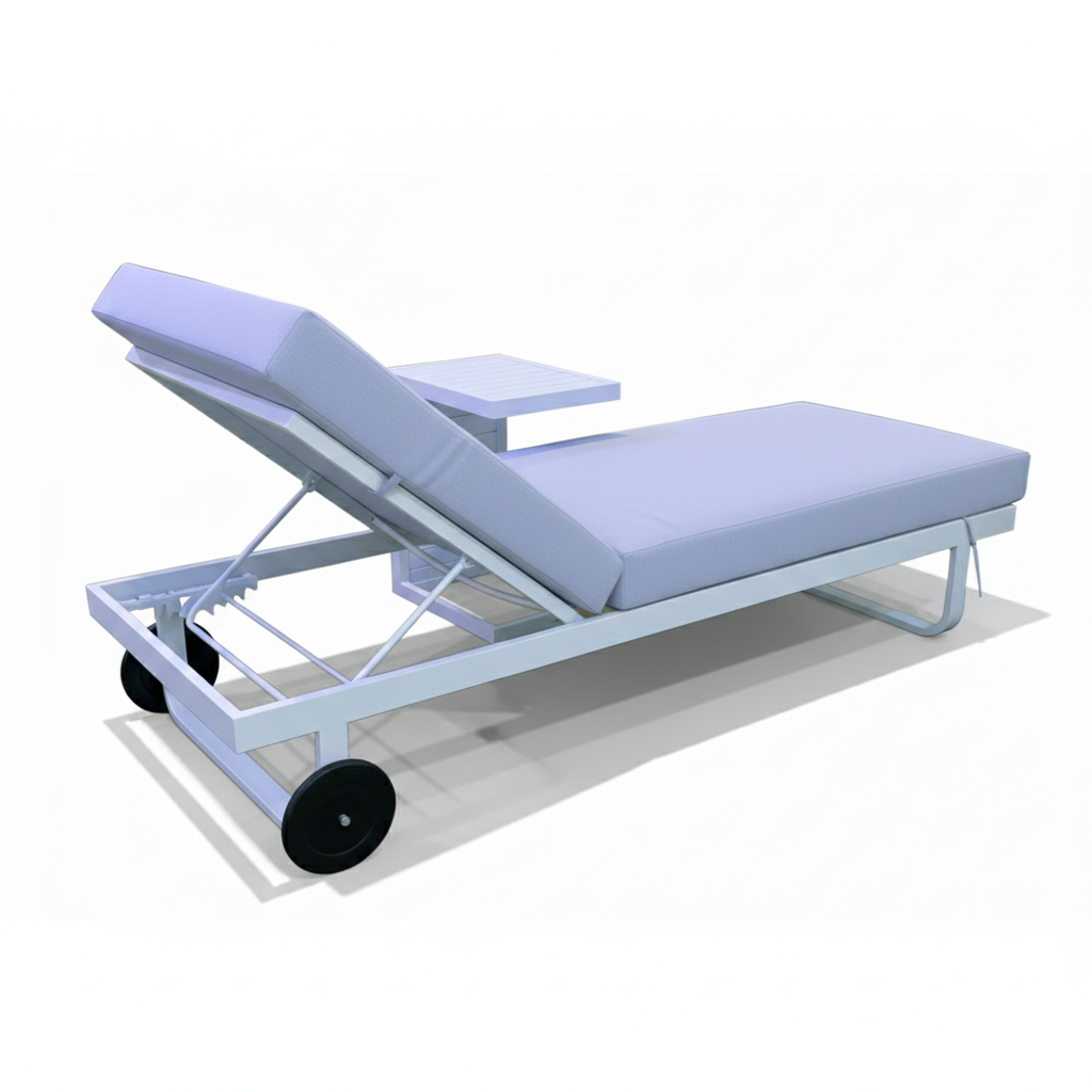 CasaFiora AzureLuxe™ white aluminum sun lounger with integrated side table, set against a sunny outdoor backdrop.