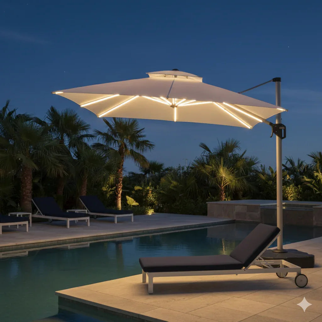 3x3m Square Outdoor Umbrella with Solar Lights - Aluminum Frame, 360° Rotation, Khaki - The Outdoor Furniture Market 