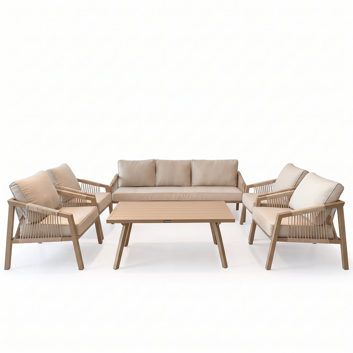 Outdoor rope sofa set with 5 and 7 seater options, aluminum frame, waterproof cushions, from The Outdoor Furniture Market.
