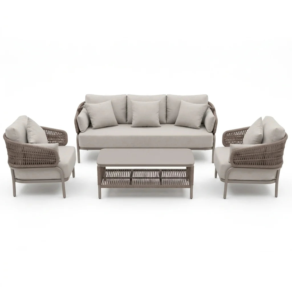 Aluminium 5-seater outdoor sofa set with rope detail in taupe and stone, includes low-profile coffee table, stylish patio furniture