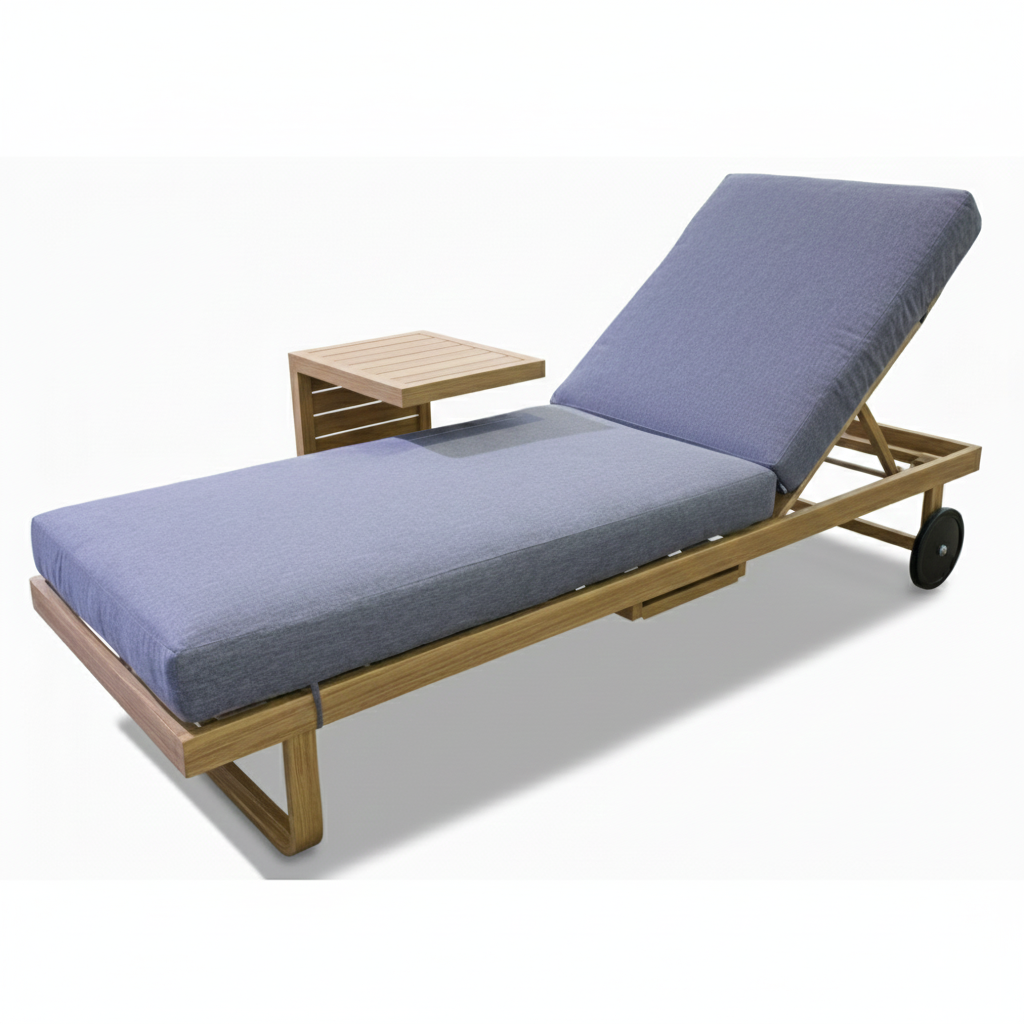 Wooden paint sunlounge with grey cushion and side table by Casa Fiora, ideal for outdoor relaxation.