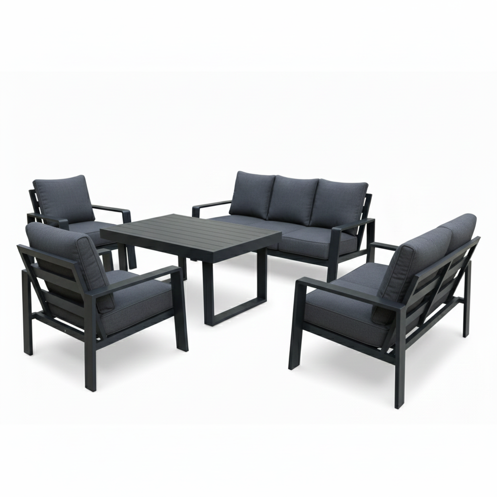 CasaFiora Noir Luxe outdoor lounge sofa set with all-weather cushions in a stylish, modern design.