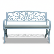 White steel bench by Casa Fiora with a sleek design, perfect for outdoor seating in gardens or patios.