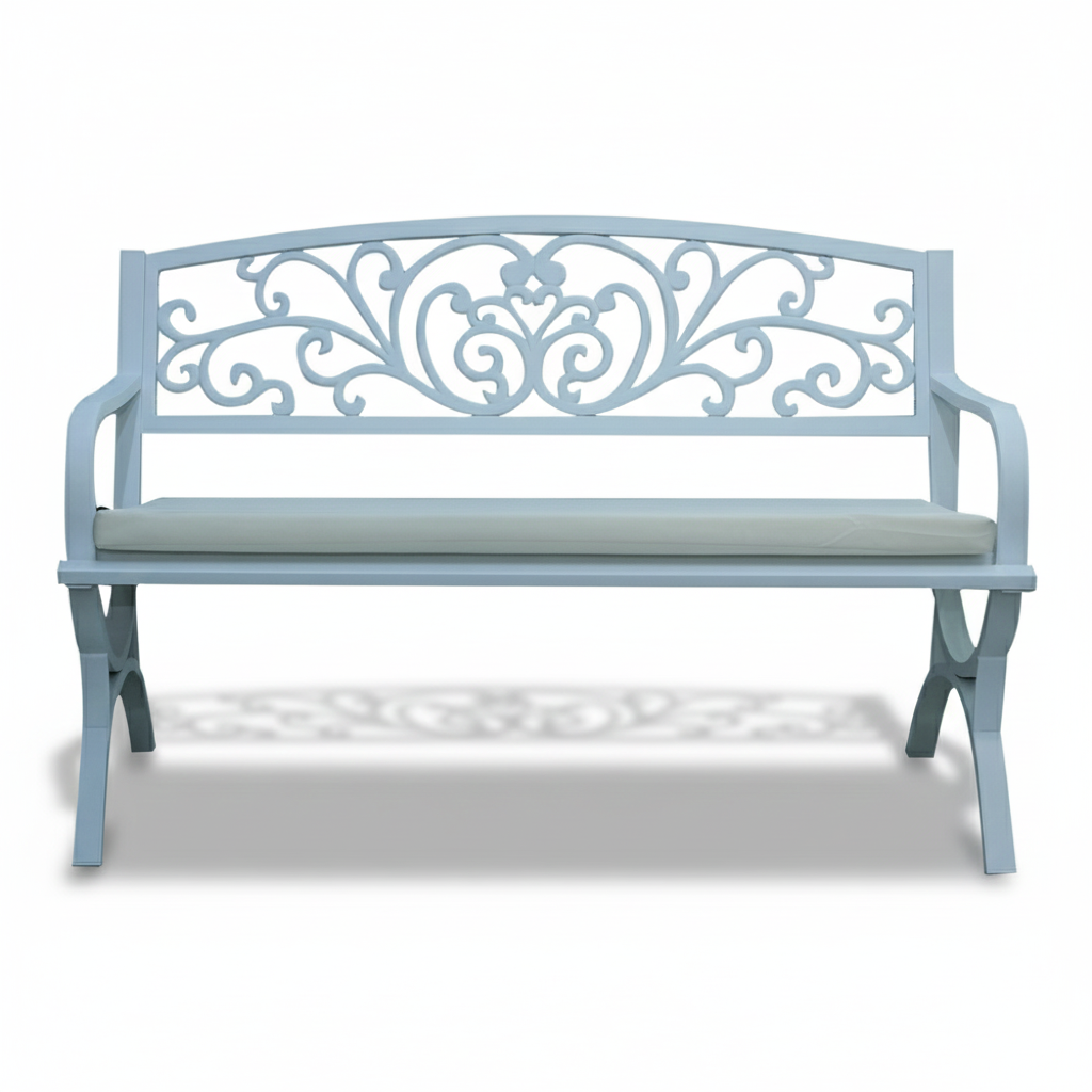 White steel bench by Casa Fiora with a sleek design, perfect for outdoor seating in gardens or patios.