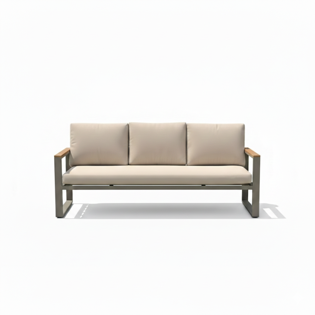 Casa Fiora 5-seater modern aluminum outdoor sofa set with WPC-top coffee table in a stylish patio setting.