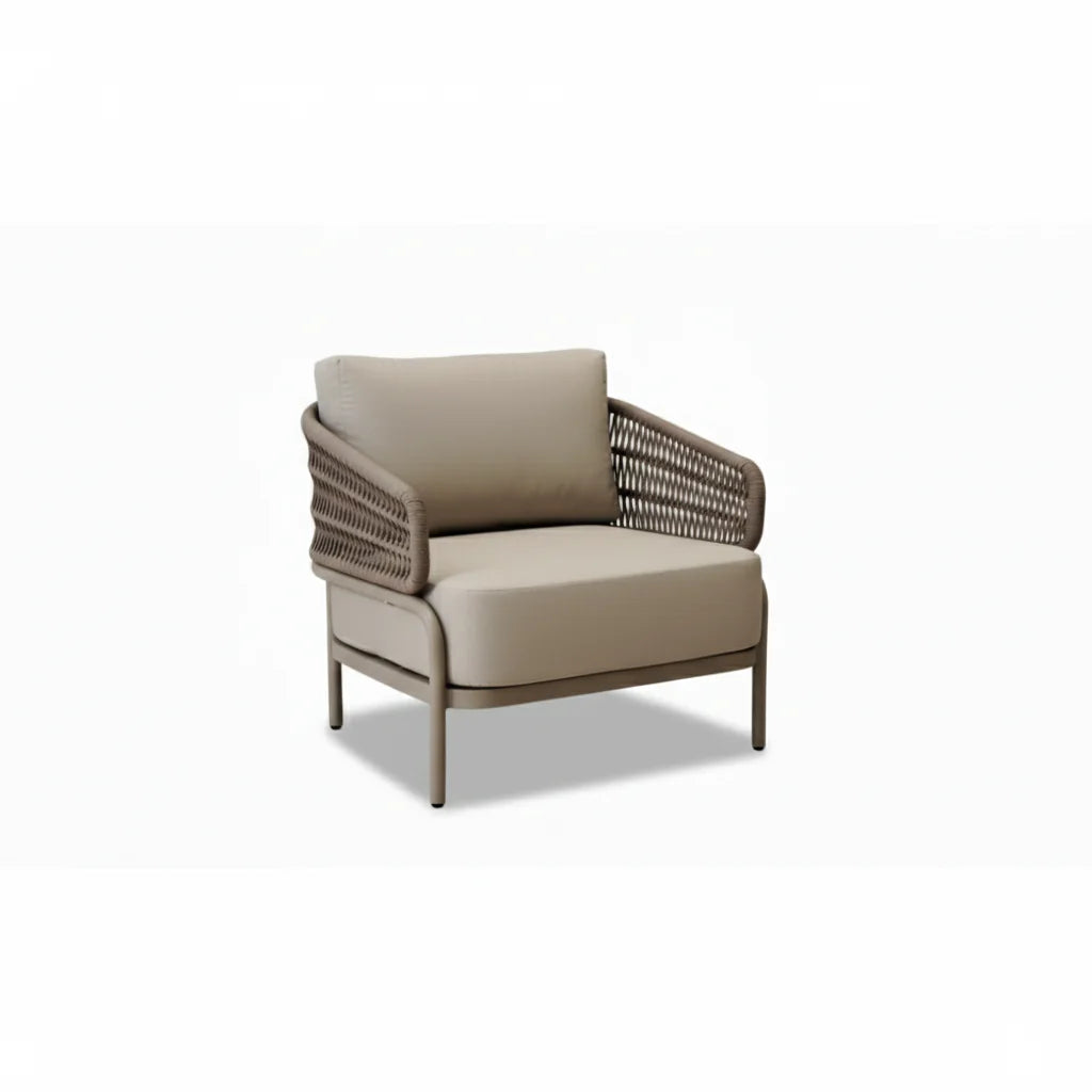 5-seater aluminium outdoor sofa set with rope details and low-profile coffee table in taupe and stone colors by The Outdoor Furniture Market