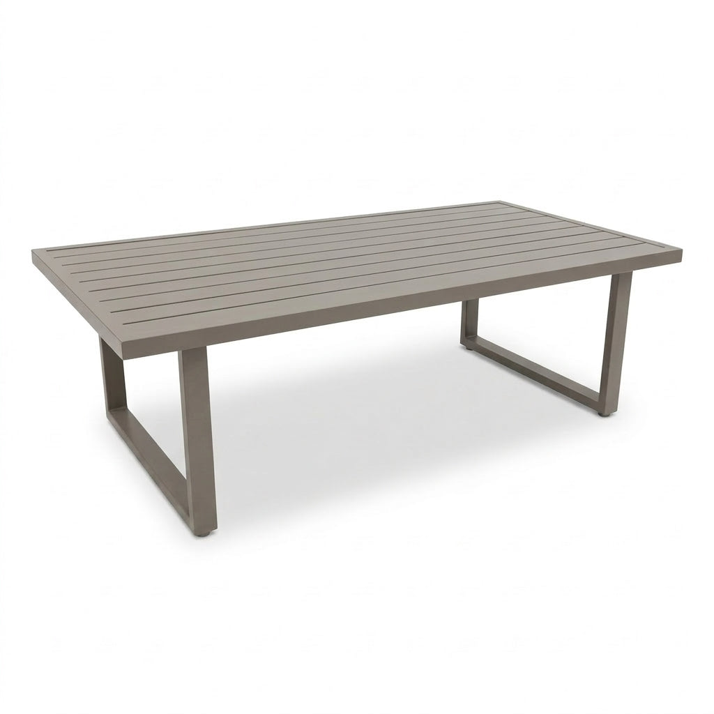 Seven-piece outdoor rope sofa set with aluminium frame from The Outdoor Furniture Market, includes three tables and comfortable seating.