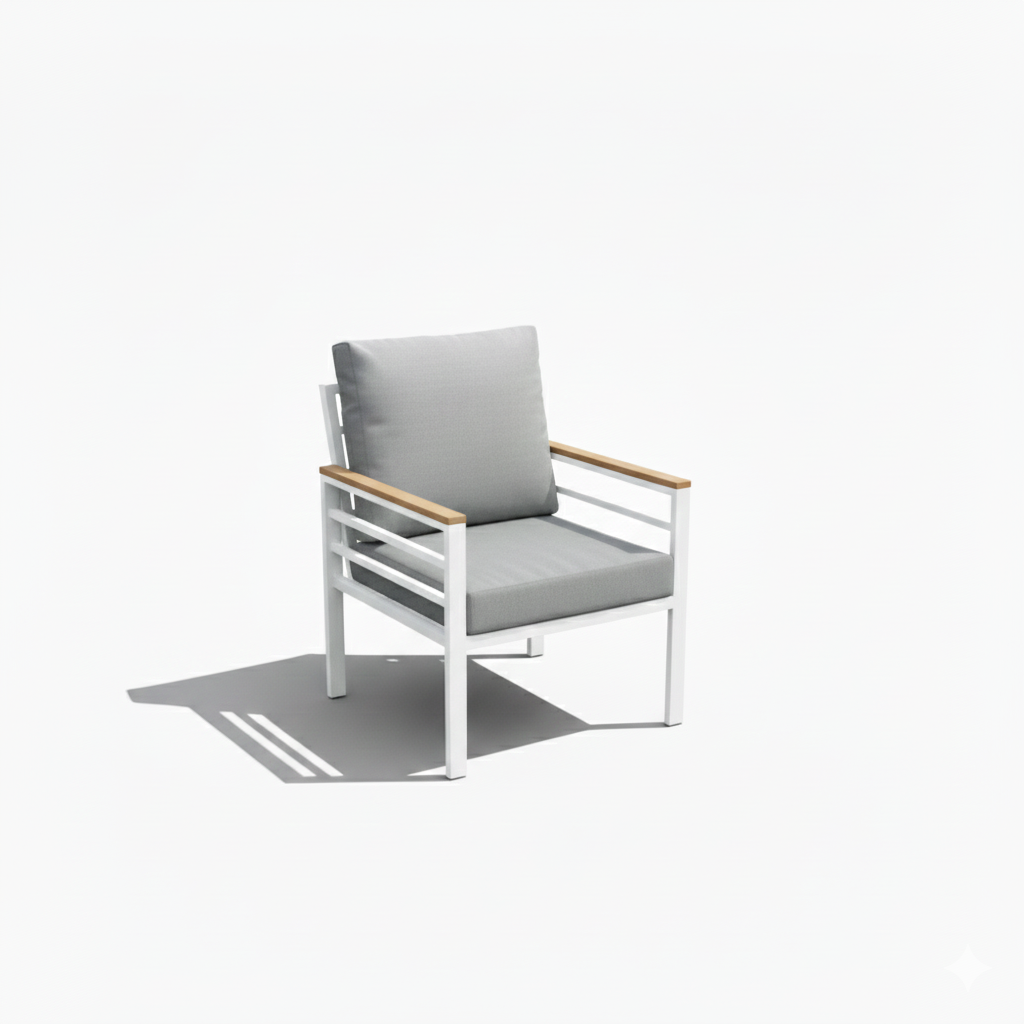 Aluminium 7 seater sofa set with dining table by Casa Fiora, featuring modern design and outdoor seating.