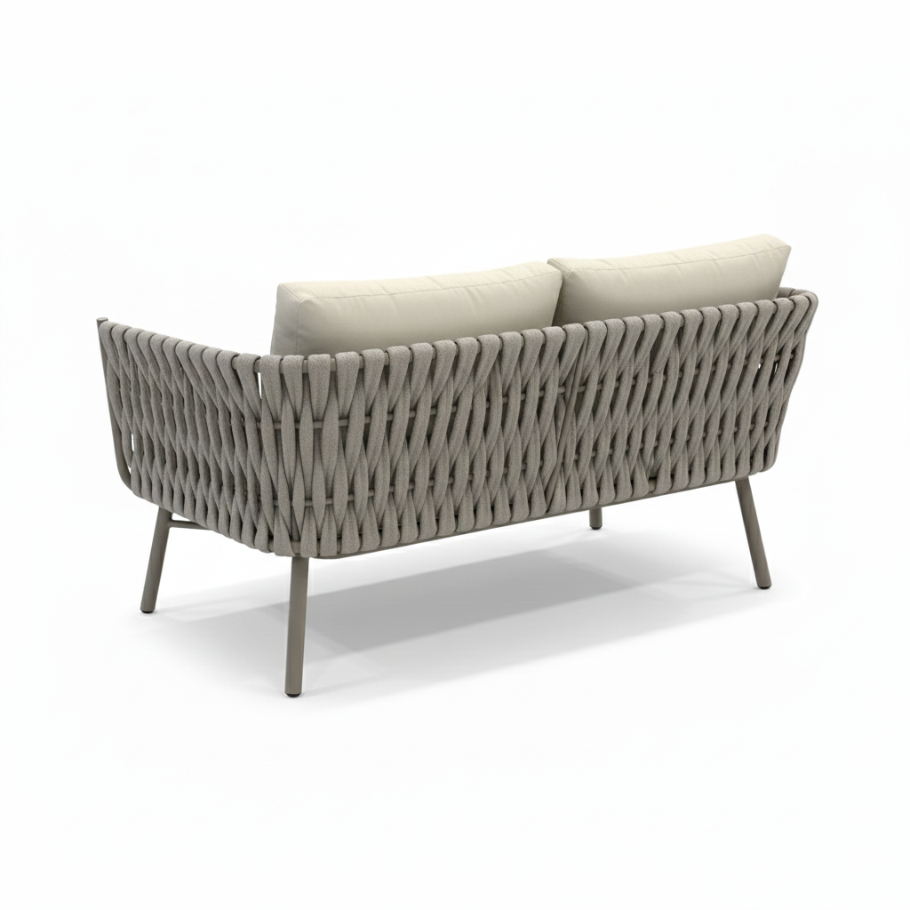 Casa Fiora 2-seater sofa with woven rope design and durable aluminum frame, ideal for outdoor or patio seating.