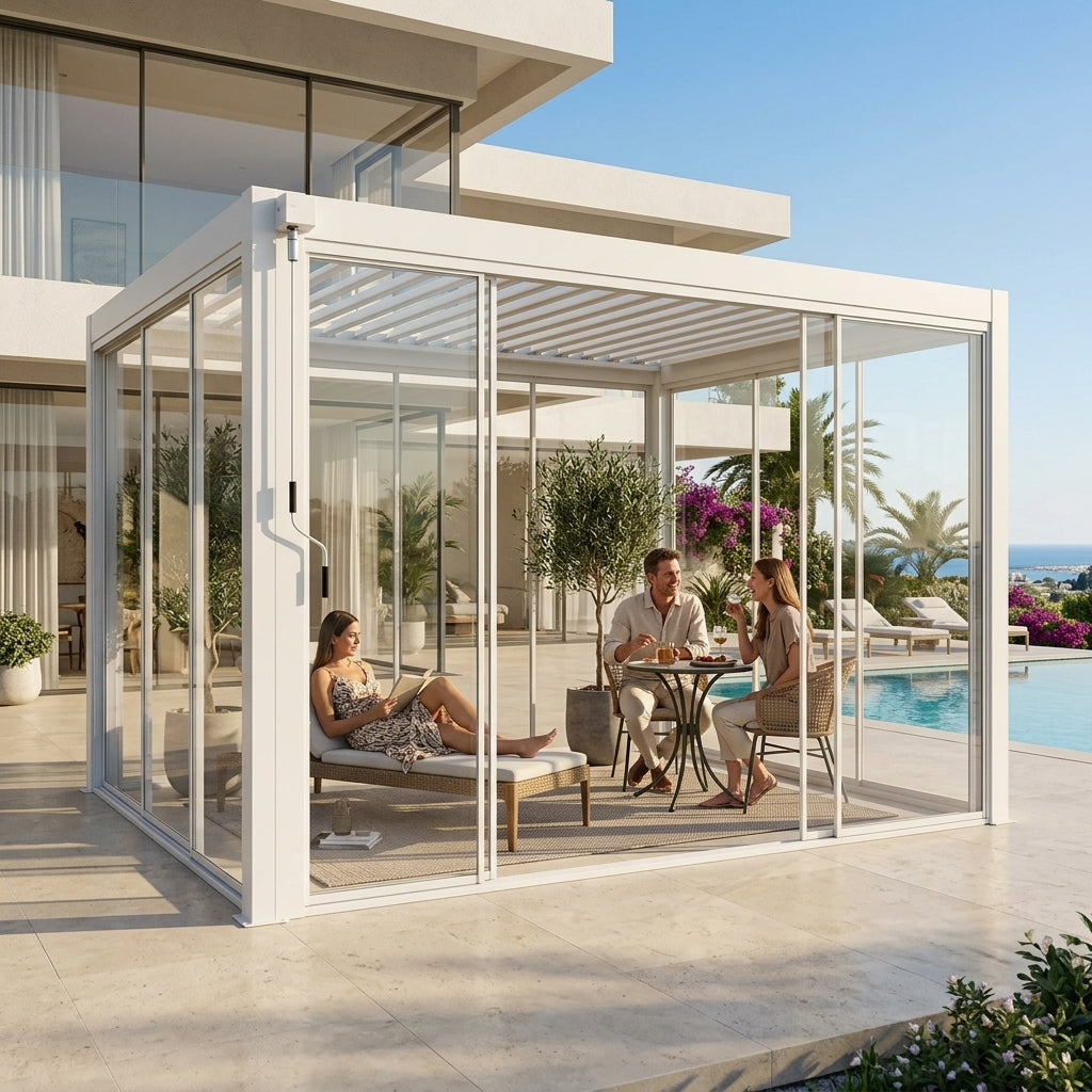 Glass Pergola with Sliding Doors | White Aluminium Frame | 5mm Tempered Glass | 3x4m