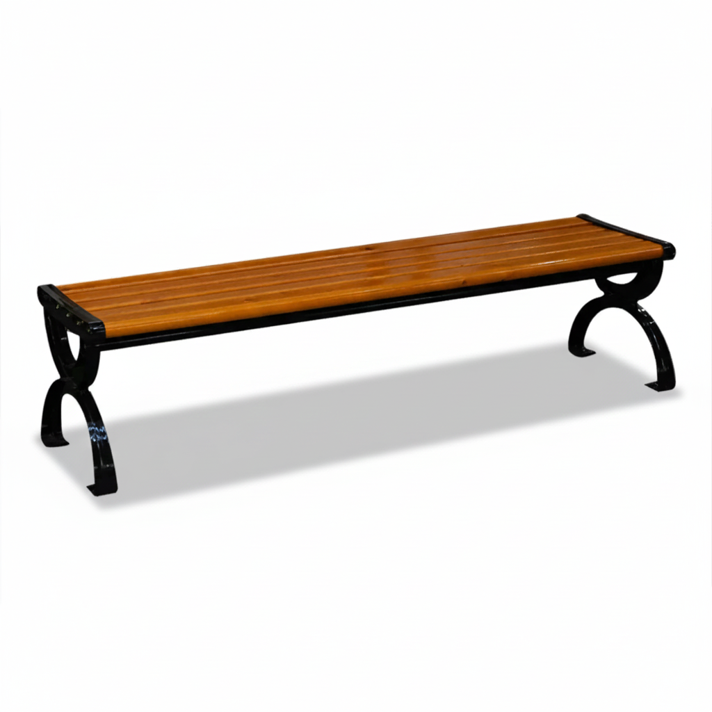 Casa Fiora wood garden bench with a natural finish, set in a lush outdoor garden environment.