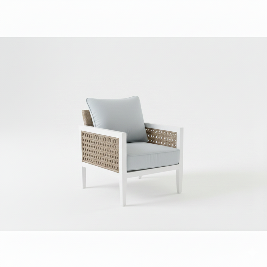 4 seater Casa Fiora aluminum rattan lounge set with cushions, perfect for outdoor relaxation and entertaining.