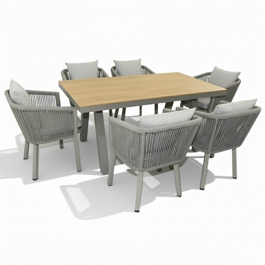 LuxeLine Aluminum & WPC 6-Seater Outdoor Dining Set with Plush Cushions