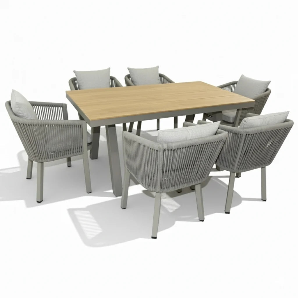 Aluminium outdoor dining set with cushions by The Outdoor Furniture Market, available in 6, 8, or 10 seat options.