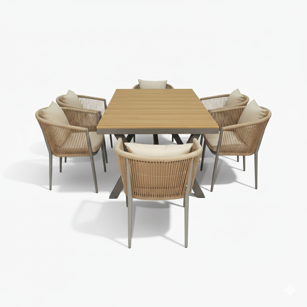 Casa Fiora EliteLine 6-seater outdoor dining set with aluminum and WPC table, chairs, and plush cushions in a stylish garden setting.