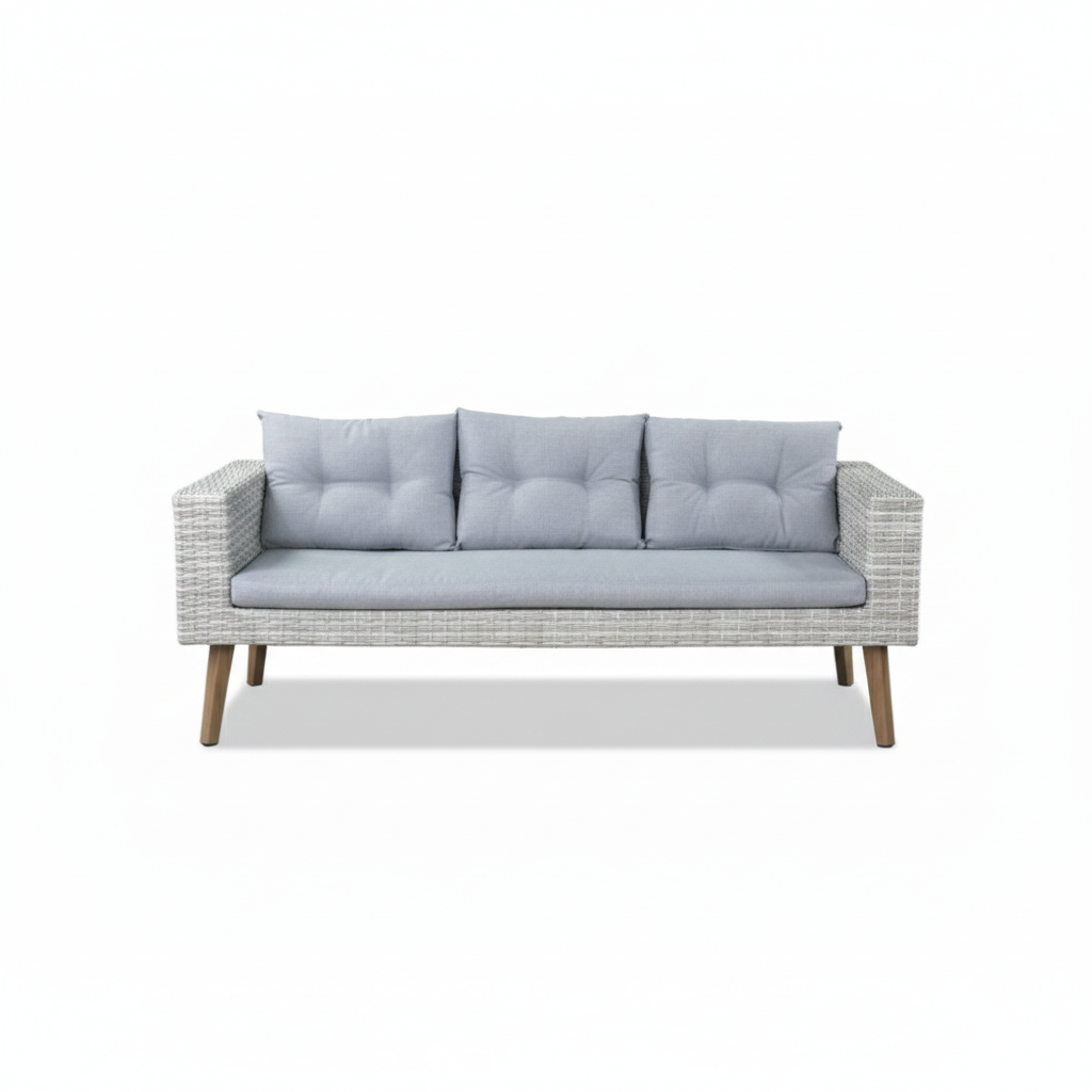 7 seater grey rattan lounge set with grey cushions, featuring a modern design by Casa Fiora for outdoor relaxation.