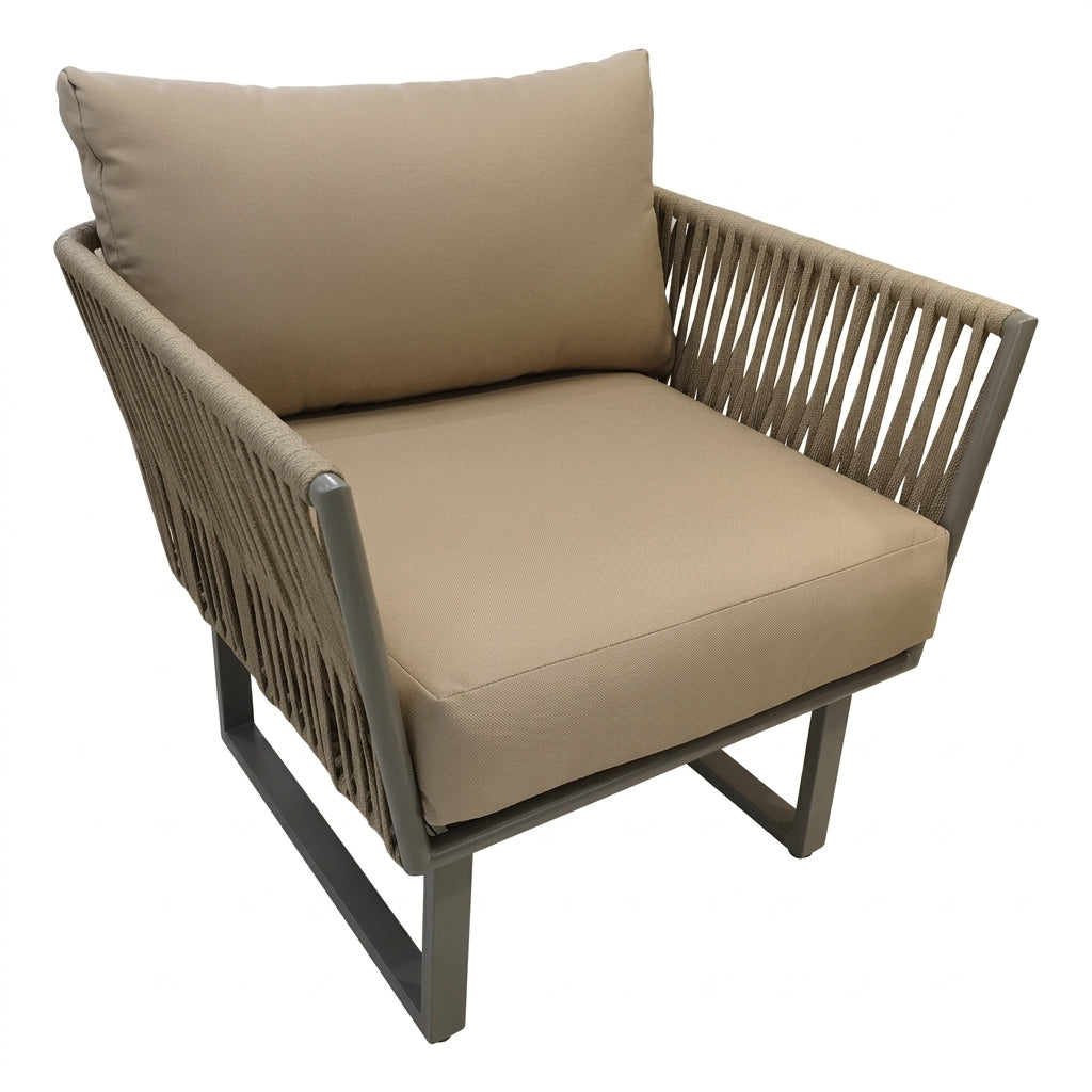 7-seater outdoor rope sofa set by The Outdoor Furniture Market with aluminum frame, includes three tables and seven seating pieces.