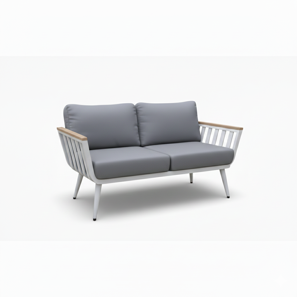 CasaFiora Elite outdoor lounge sofa set featuring premium cushions and elegant wood accents in a stylish arrangement.