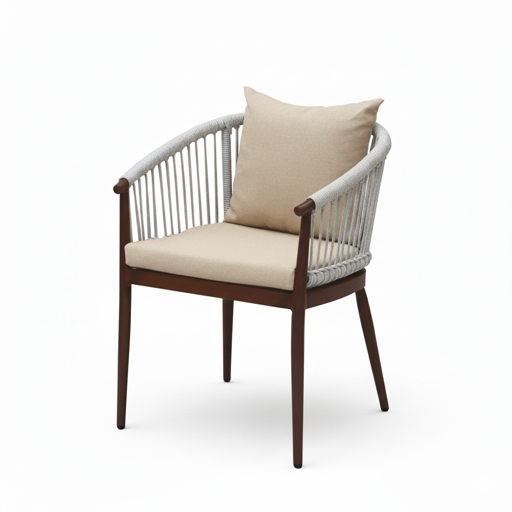 Casa Fiora outdoor aluminum chair with beige cushion and wooden color frame, suitable for patio or garden seating