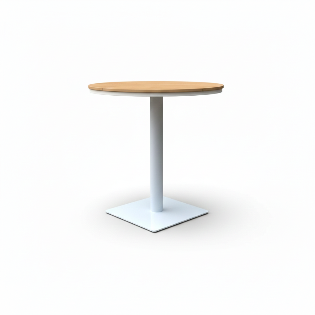 CasaFiora NordicLine aluminum café table featuring a wood-effect top in a stylish outdoor setting.