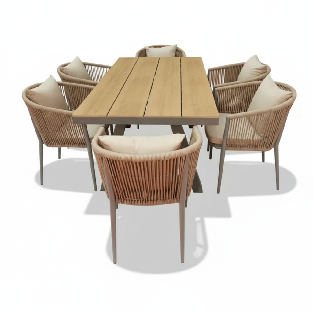 Casa Fiora 6-seater garden dining set with aluminum and WPC table, chairs, and cushions, ideal for outdoor dining and gatherings.