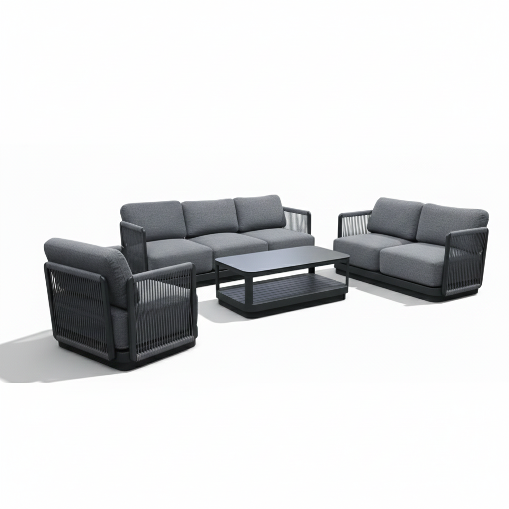 Outdoor 7-seater aluminum grey rope lounge set by Casa Fiora, featuring spacious seating and modern design.