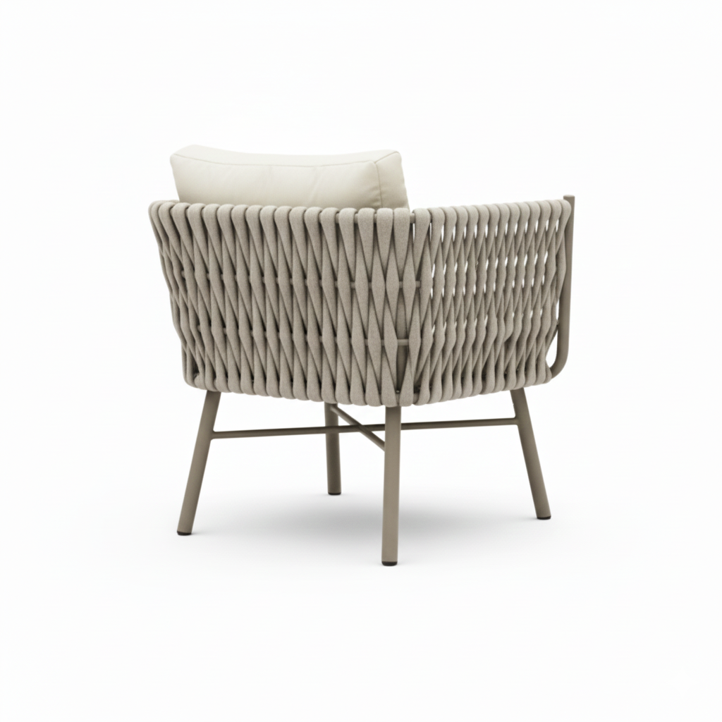 Casa Fiora single seater sofa with woven rope design and durable aluminum frame, perfect for stylish outdoor seating.