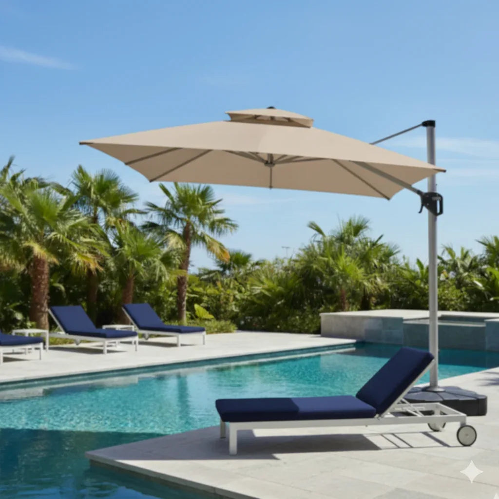 3x3m Square Outdoor Umbrella with Solar Lights - Aluminum Frame, 360° Rotation, Khaki - The Outdoor Furniture Market 