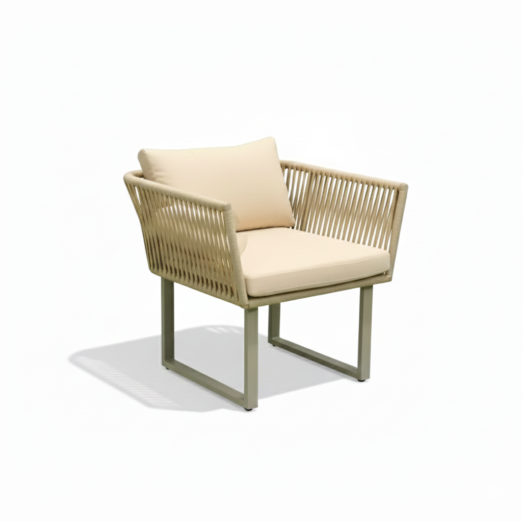 Aluminum beige dining set with beige cushions by Casa Fiora, featuring a modern design suitable for outdoor use.