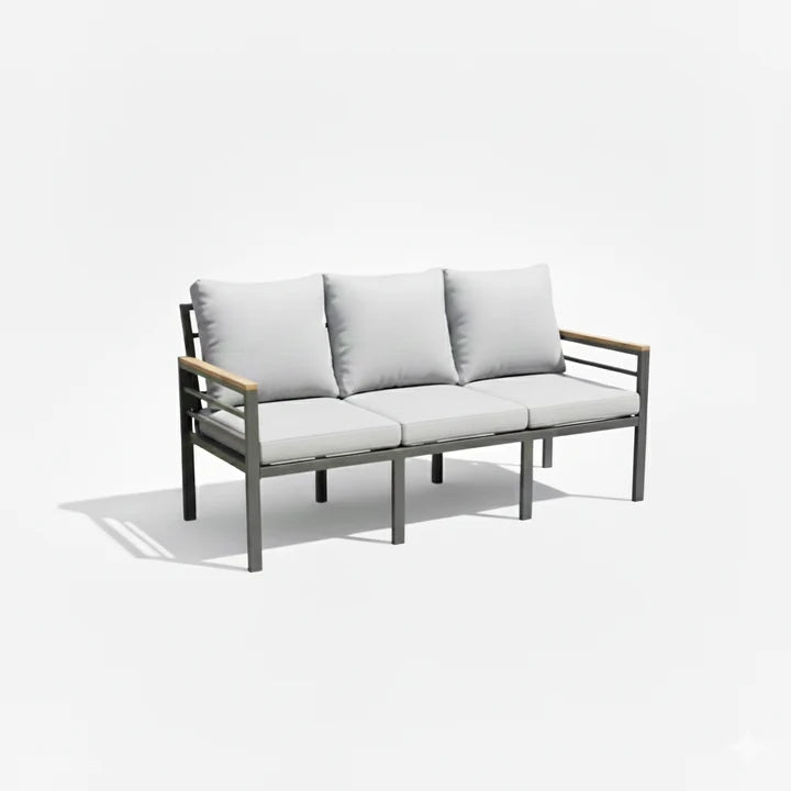 White frame 7-seater aluminium outdoor sofa and dining set with grey cushions and slatted table, ideal for patio or garden use.
