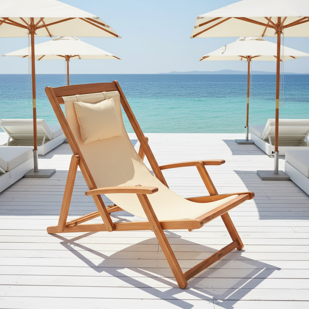 A wooden folding beach lounge chair with beige cushions sits on a white deck overlooking a turquoise ocean, with umbrellas and lounge chairs in the background.