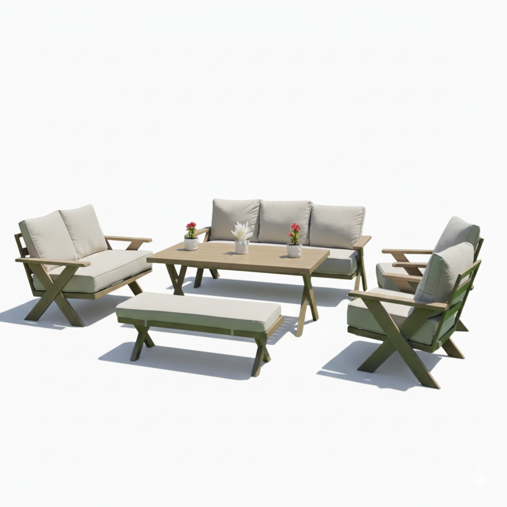 Casa Fiora 9-seater outdoor aluminum sofa with plush cushions, designed for stylish patio or garden seating.