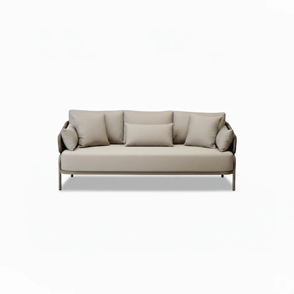 Five-seater aluminium outdoor sofa set with rope detail in taupe and stone, includes low-profile coffee table, by The Outdoor Furniture Market