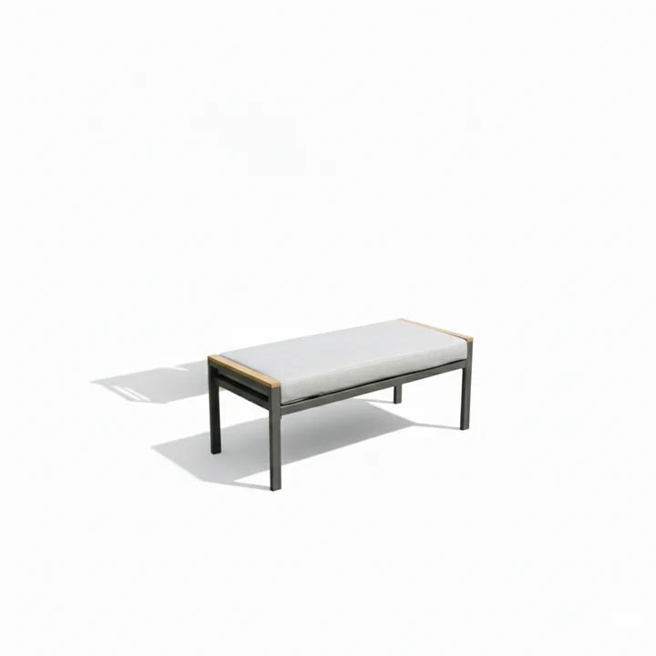 Seven-seater aluminium outdoor sofa and dining set with white frame, grey cushions, and slatted table by The Outdoor Furniture Market.