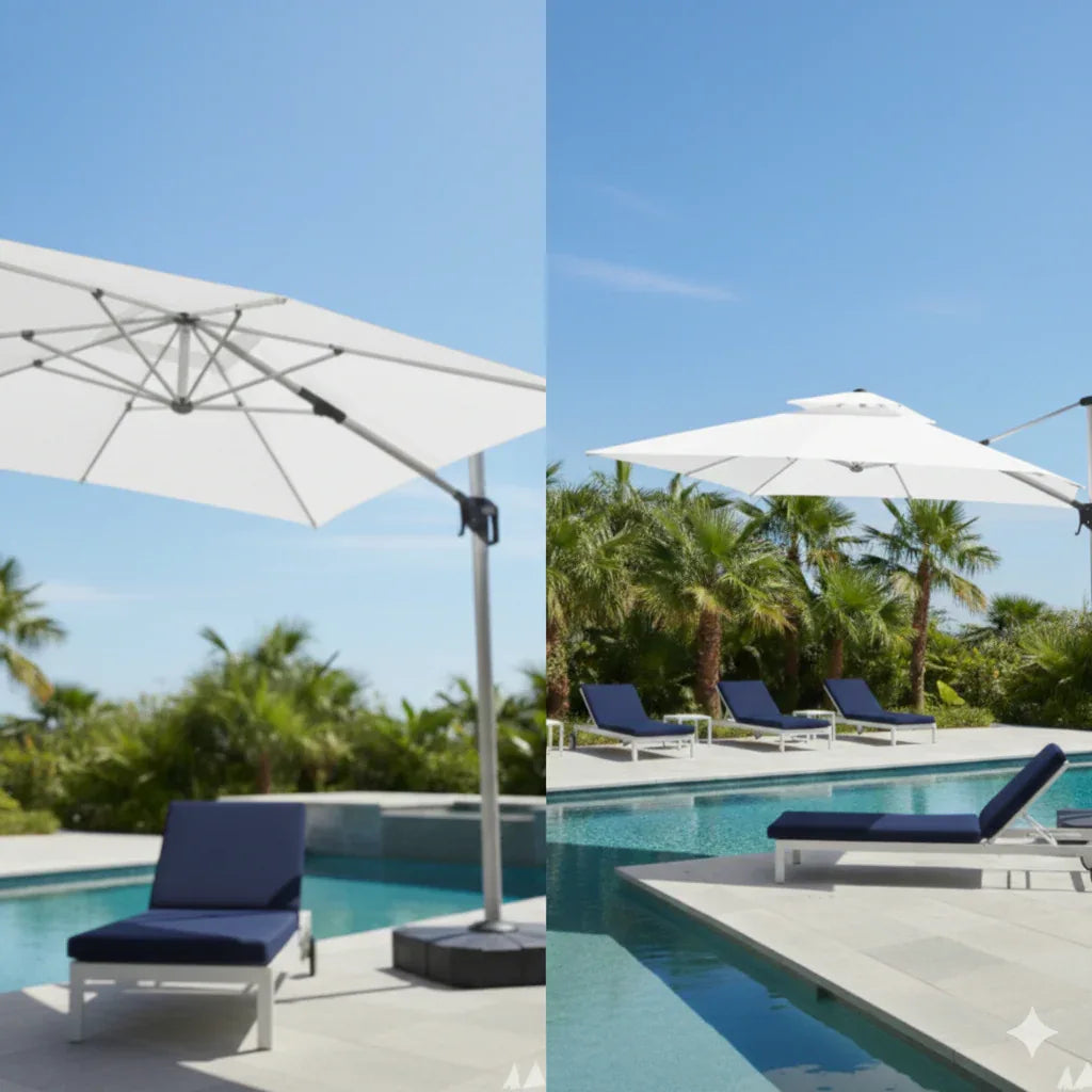 3x3m Square Outdoor Umbrella with Solar Lights - Aluminum Frame, 360° Rotation, White - The Outdoor Furniture Market 