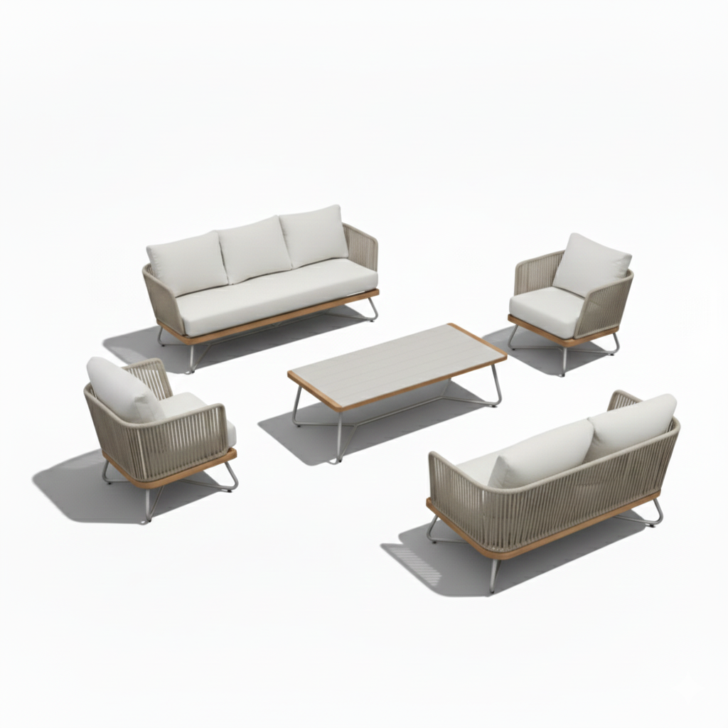 Casa Fiora 7-seater aluminum outdoor lounge set with cushioned seating and modern design in a garden setting.