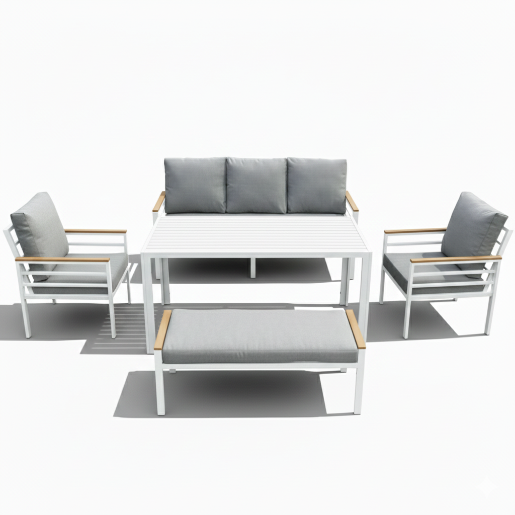 Aluminium 7 seater sofa set with dining table by Casa Fiora, featuring a modern design and outdoor-friendly materials.