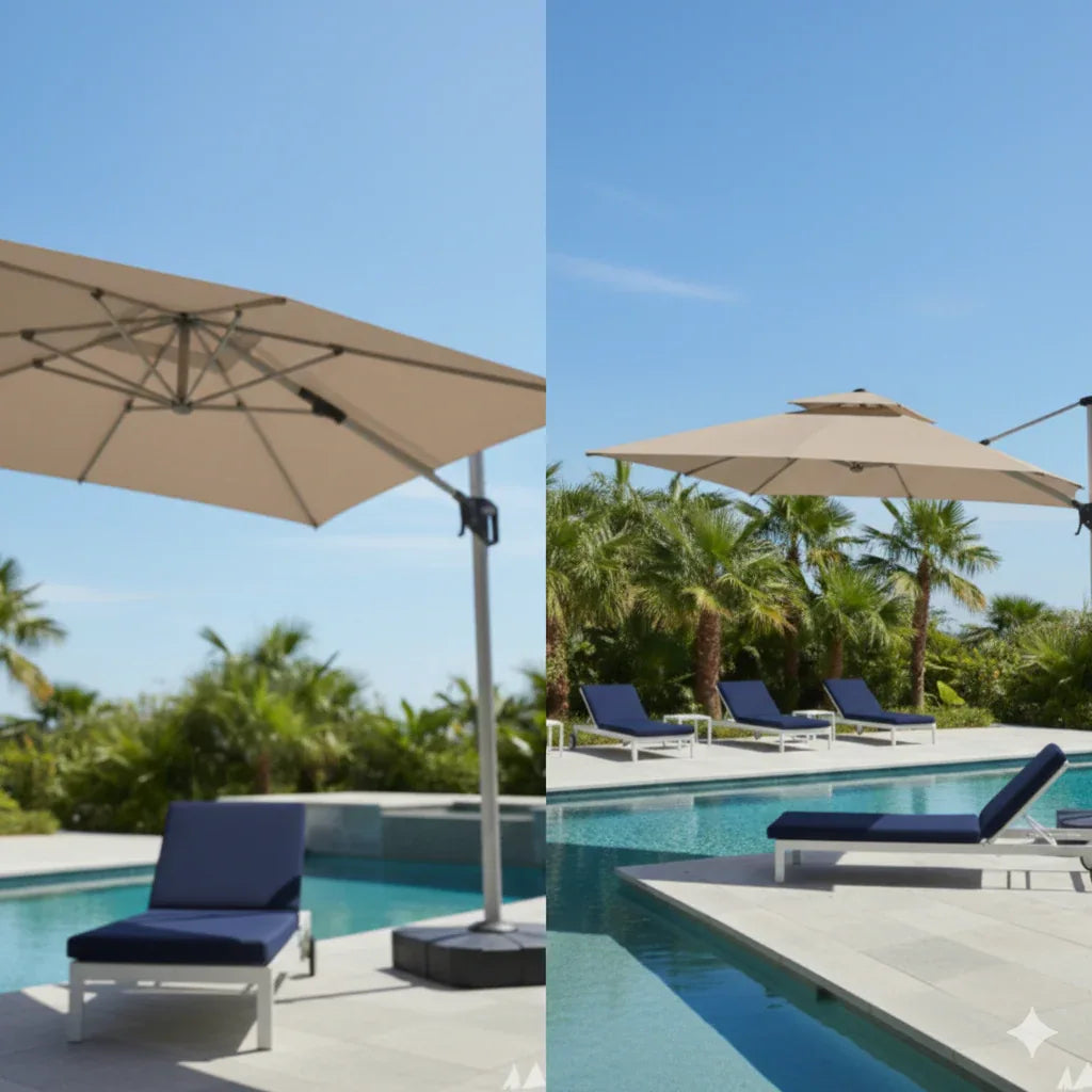 3x3m Square Outdoor Umbrella with Solar Lights - Aluminum Frame, 360° Rotation, Khaki - The Outdoor Furniture Market 