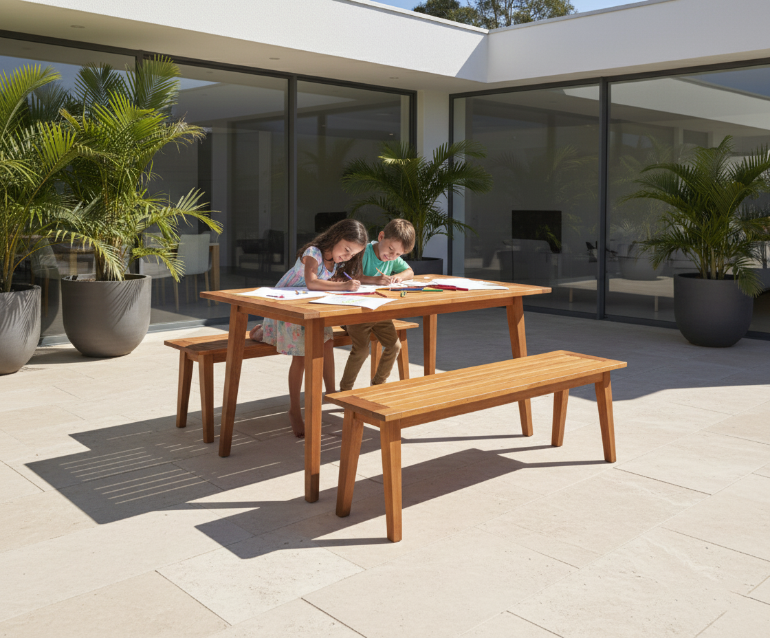 Acacia Wood Outdoor Dining Table & Bench Set