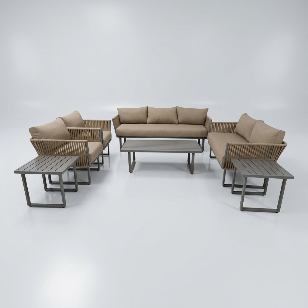 Outdoor 7-seater rope sofa set by The Outdoor Furniture Market with aluminum frame, includes three tables, perfect for patio seating.