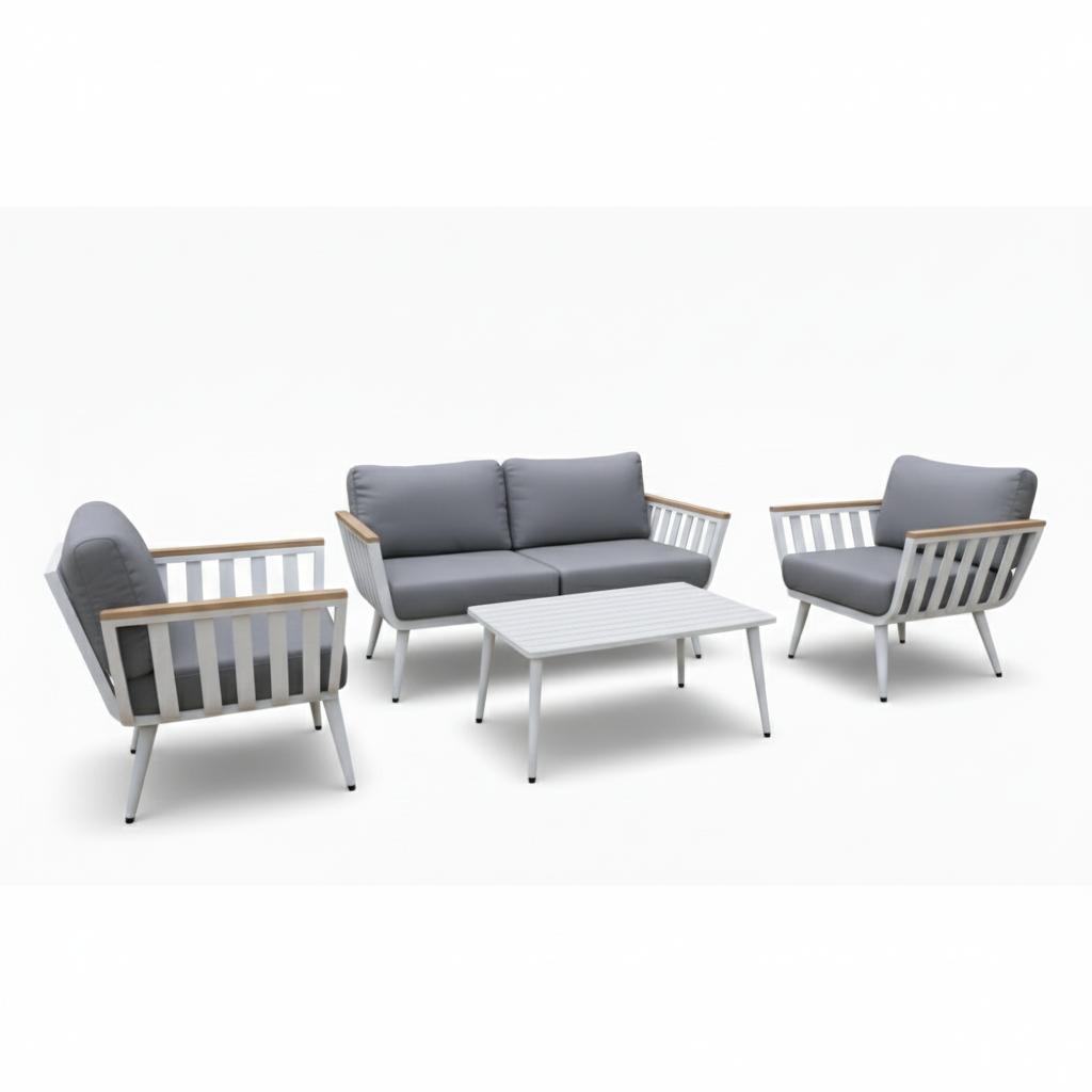 CasaFiora Elite Outdoor Lounge Sofa Set featuring premium cushions and sleek wood accents in a stylish outdoor setting.