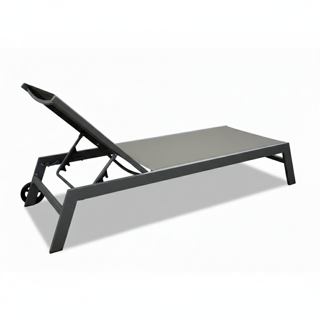 Dark grey aluminum sun lounger by Casa Fiora, featuring a sleek design and comfortable reclining position.